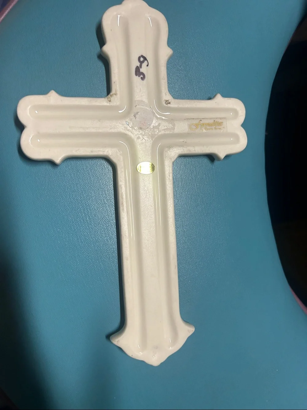 Decorative White Cross Wall Plaque with Gold Accents